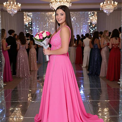 Young Woman in Pink Evening Gown Holding Roses at Elegant Ballroom Event