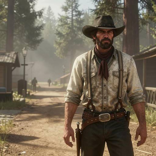 Rugged Cowboy in Old Western Town with Dusty Street – Classic Wild West Scene