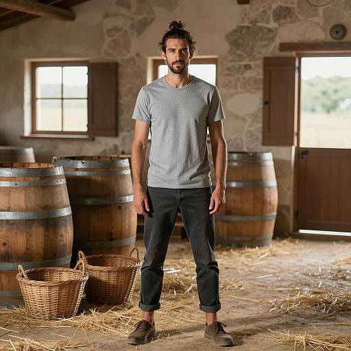 Casual Man Standing in Rustic Barn with Wooden Barrels and Baskets