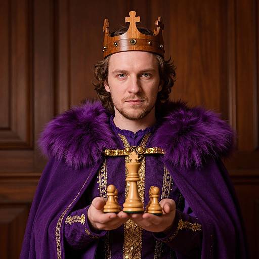 Royal Man in Purple Robe and Crown Holding Chess Pieces