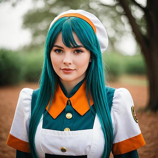 Realistic Cosplay Portrait of Woman with Teal Hair in Orange and White Uniform