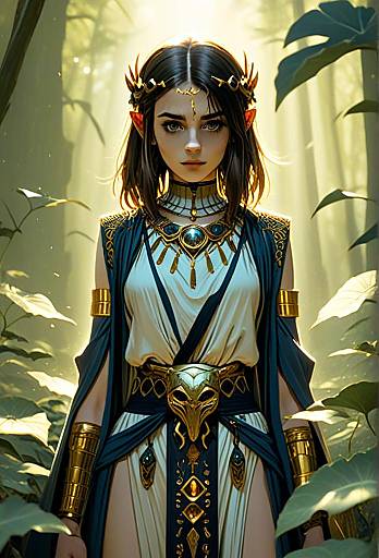 Fantasy Woman Elf in Regal Gold and Blue Medieval Costume in Mystical Forest