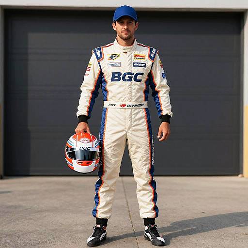 NASCAR Driver in BGC Racing Suit Holding Helmet Standing Outdoors