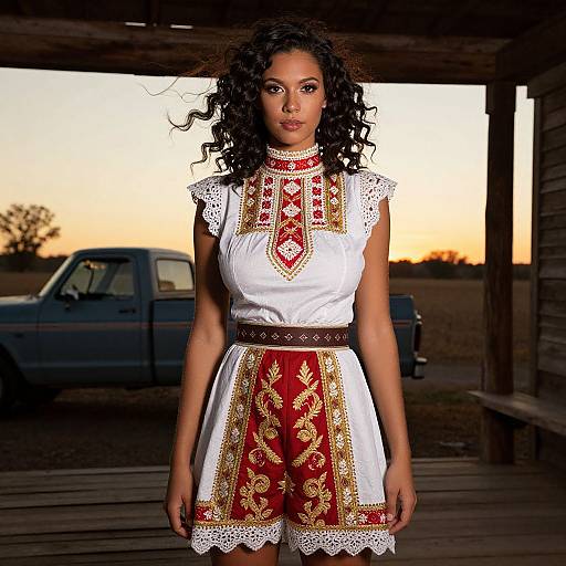 Woman in Embroidered Red and White Outfit Standing on Porch with Vintage Pickup Truck at Sunset