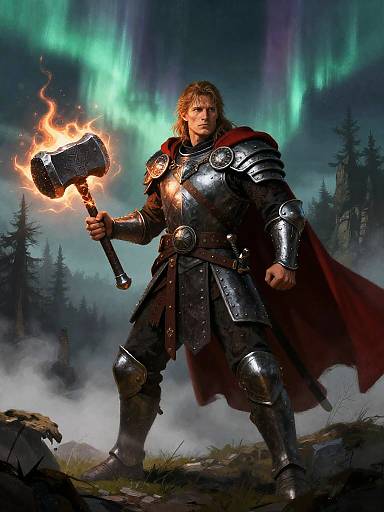 Epic Fantasy Knight with Flaming War Hammer under Aurora Sky