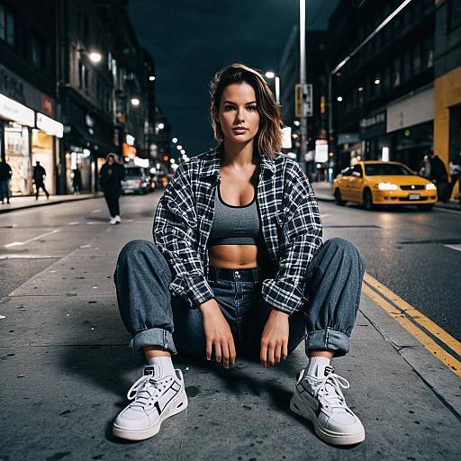 Confident Woman Sitting on Urban Street at Night in Casual Outfit