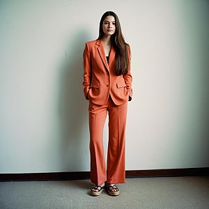 Young Woman in Coral Palazzo Suit