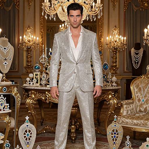 Man Wearing Silver Sequin Suit in Luxury Jewelry Room