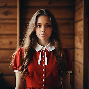 Young Woman in Vintage Red Dress Against Wooden Wall