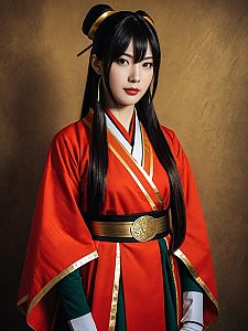 Realistic Photo of Woman Cosplaying Sango Character in Traditional Red Costume