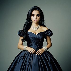 Elegant Woman in Black Satin Ball Gown with Silver Jewelry