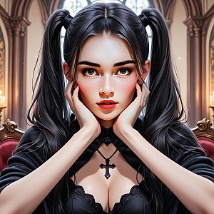 Anime Gothic Woman with Twin-Tails in Cathedral