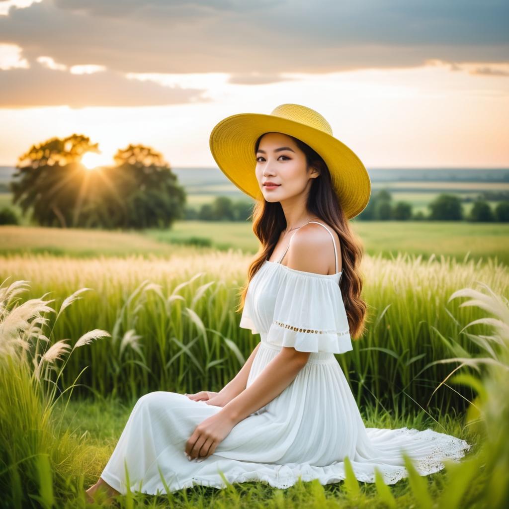 Young Woman in White Dress at Golden Hour