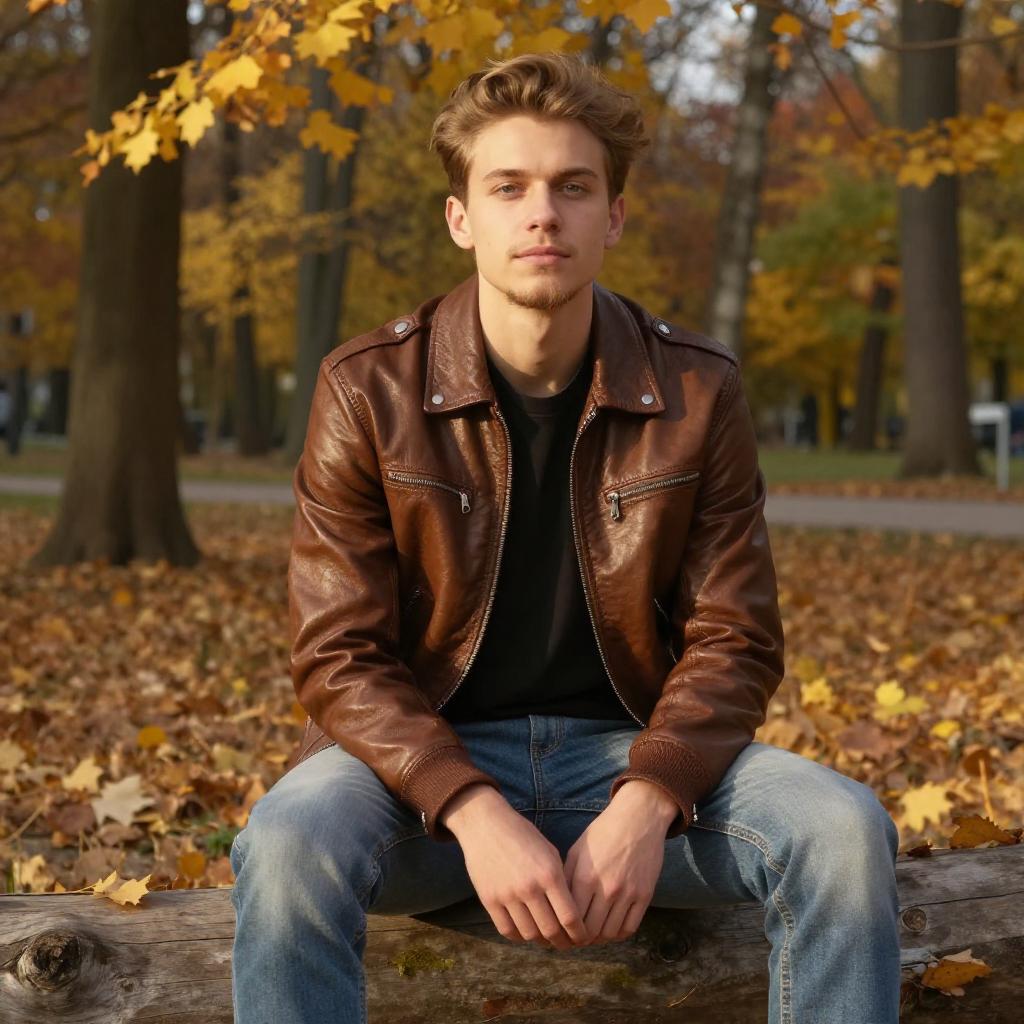 Young Man Wearing Brown Leather Jacket Sitting Outdoors in Autumn Park