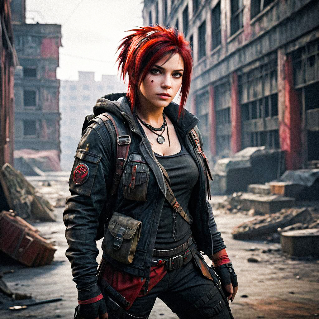 Strong Female Character with Red Hair in Post-Apocalyptic Setting