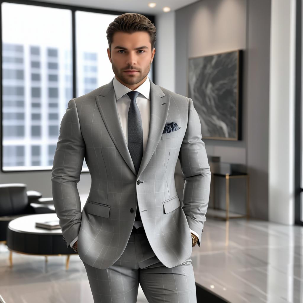 Stylish Man in Gray Suit in Modern Office