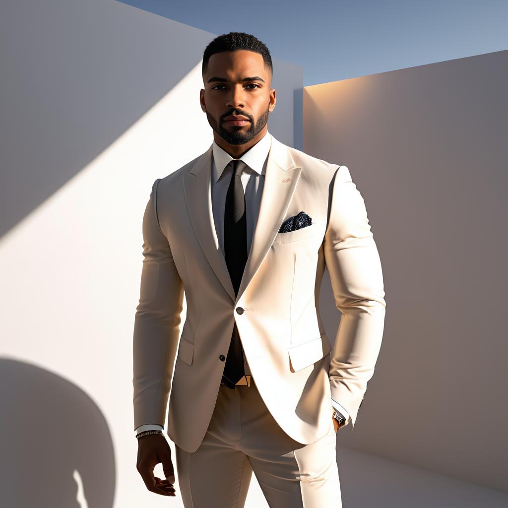 Confident Black Male Model in Sandstone Suit