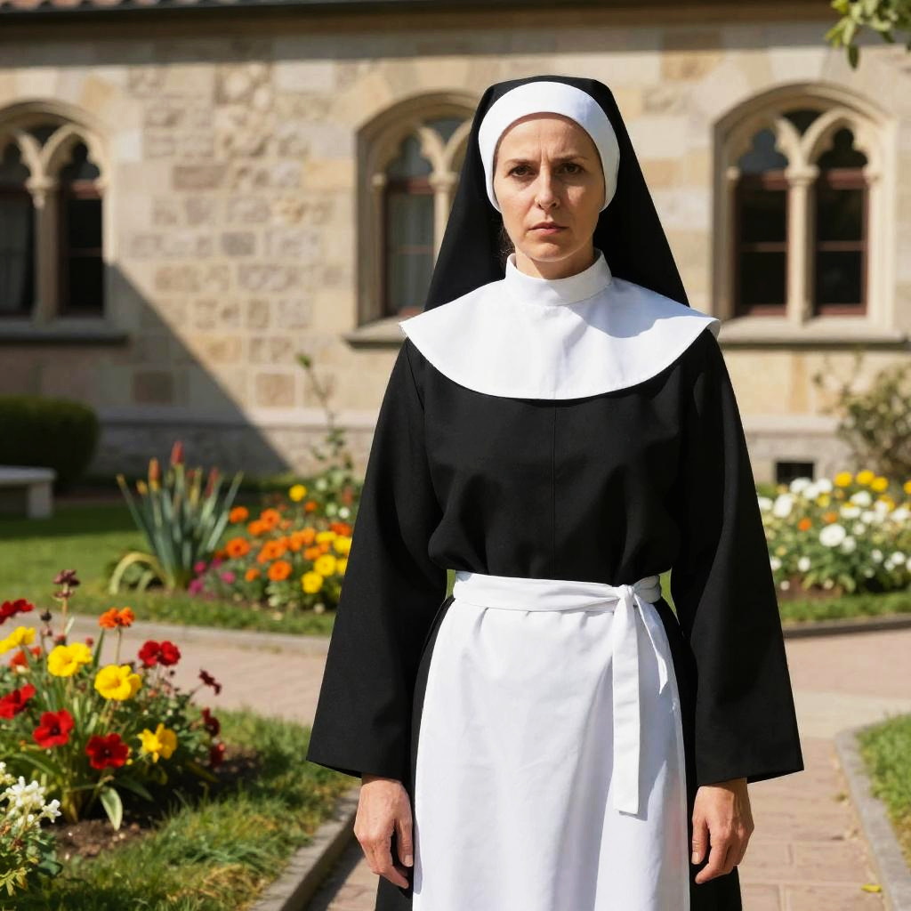 Serious Nun in Traditional Habit Standing in Garden Courtyard