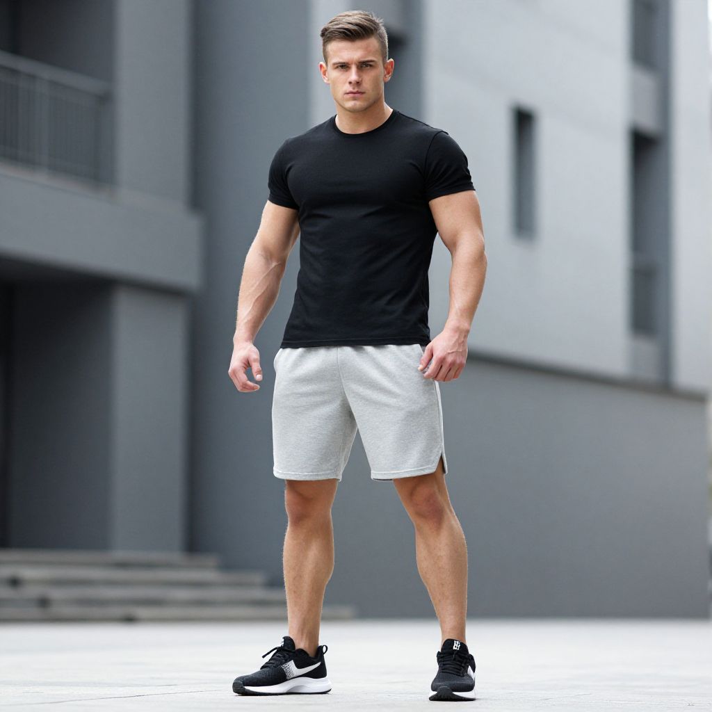 Young Man in Black T-Shirt and Gray Shorts Standing Outdoors