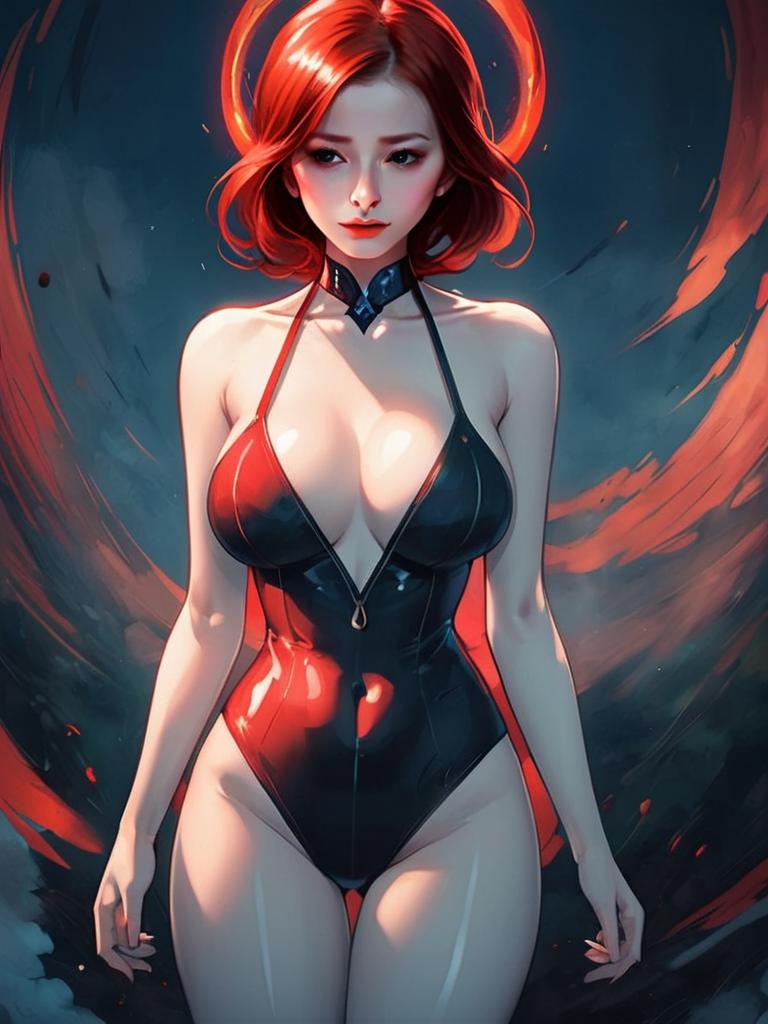 Red-Haired Woman in Glossy Black and Red Futuristic Bodysuit Digital Art