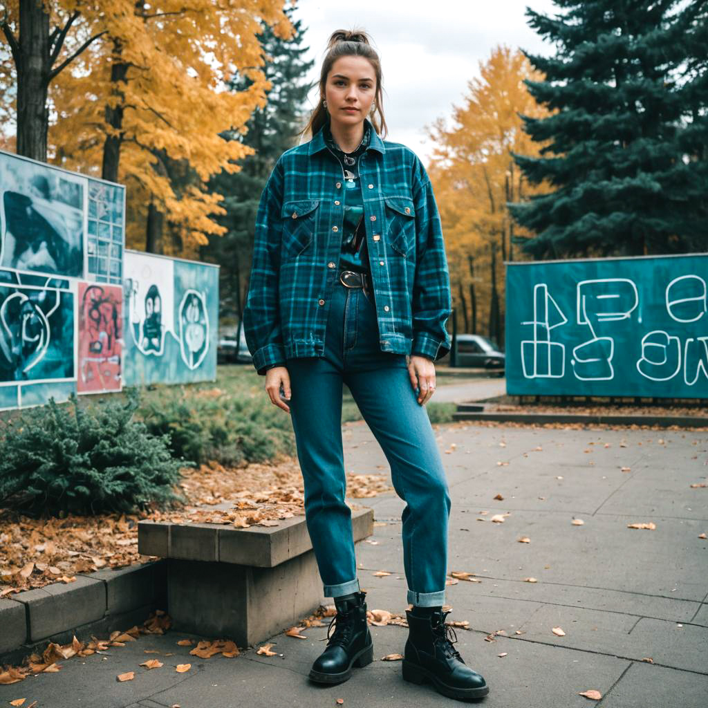 Stylish woman in autumn park with vibrant foliage