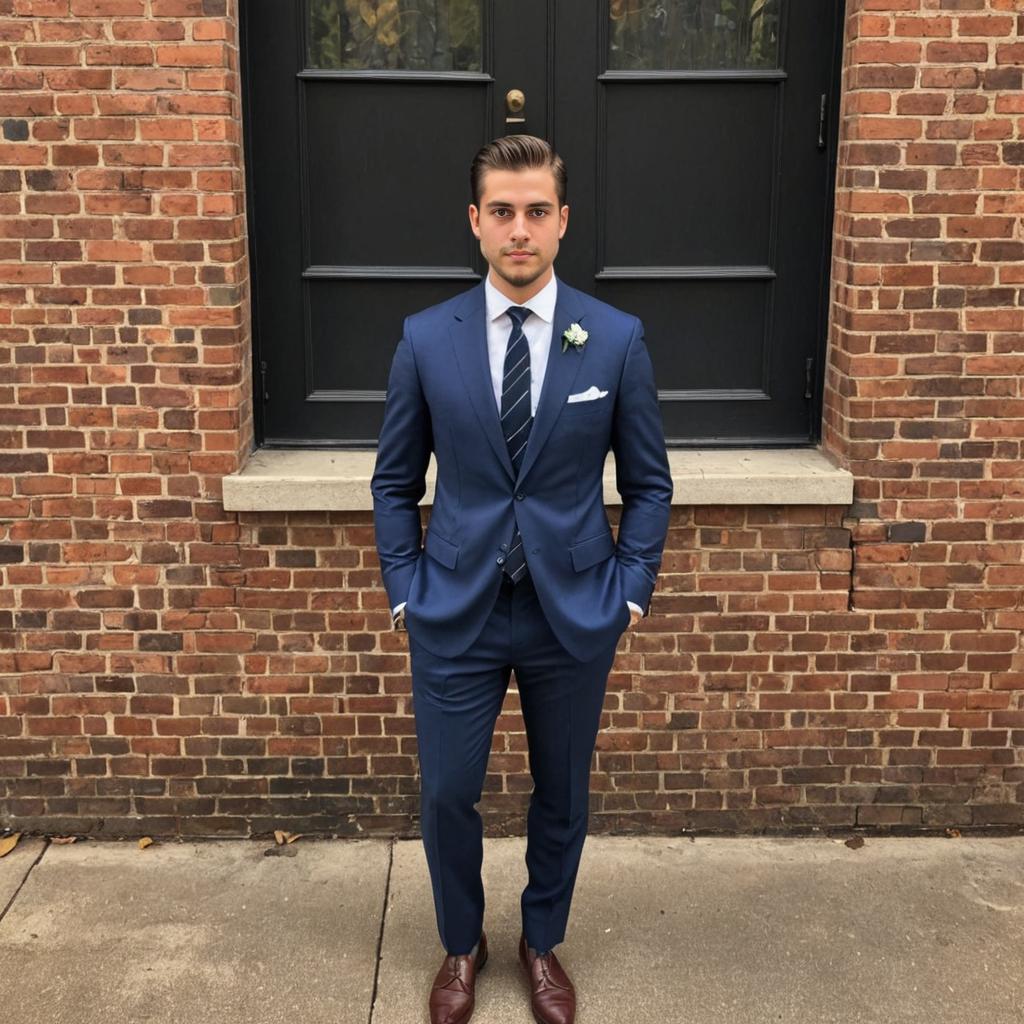 Confident Man in Blue Suit Against Brick Wall