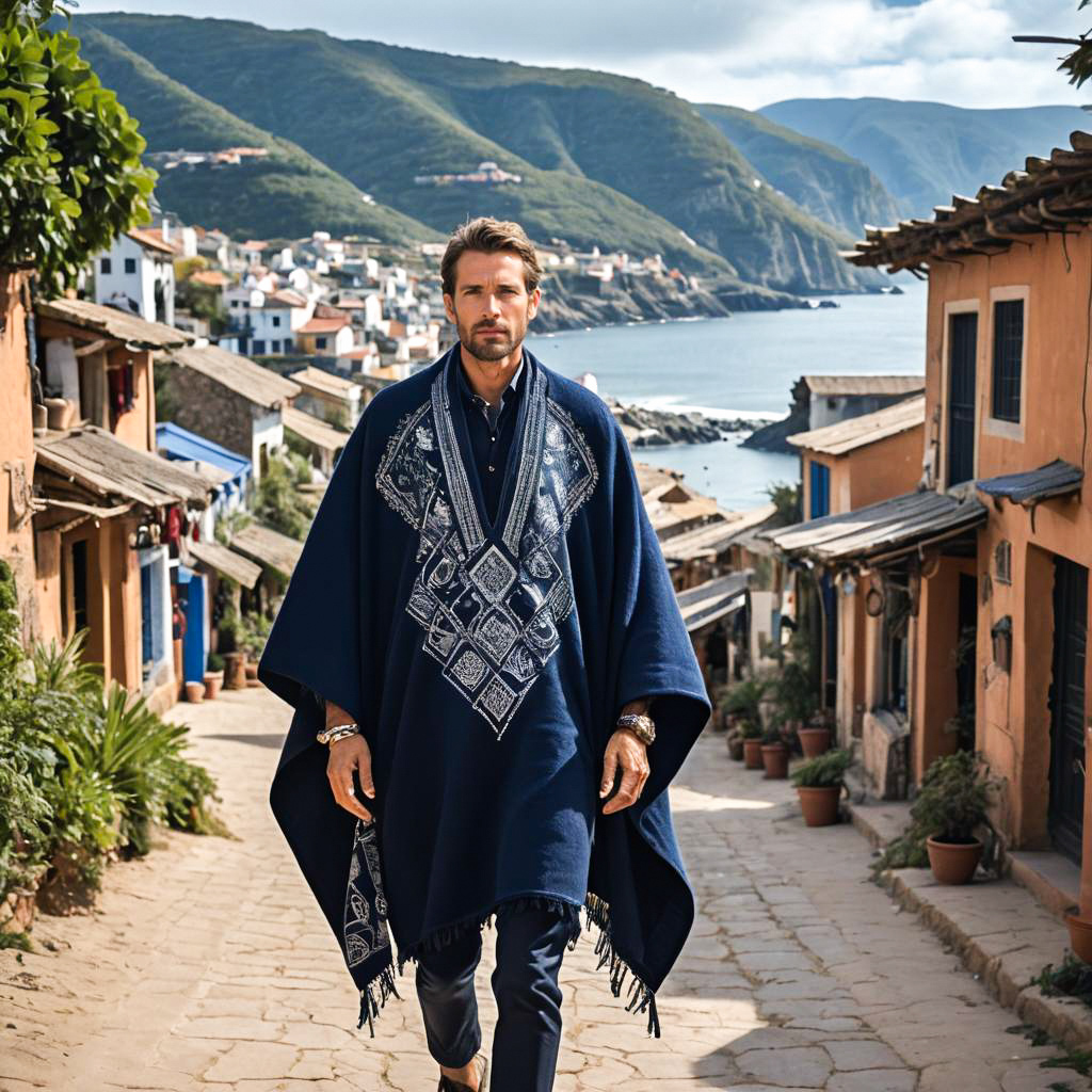 Stylish Man in Poncho in Coastal Village