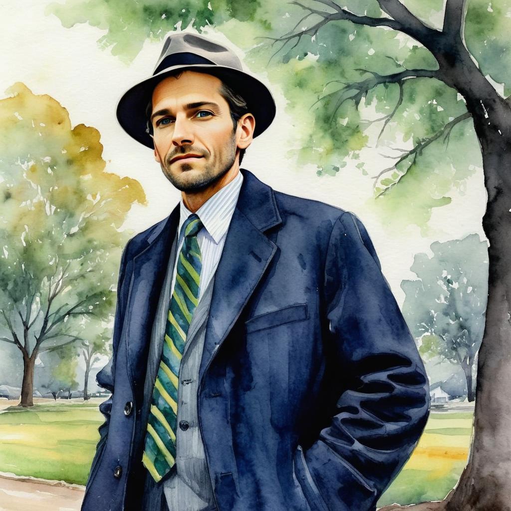 Vintage Style Man in Navy Coat and Fedora Watercolor Portrait
