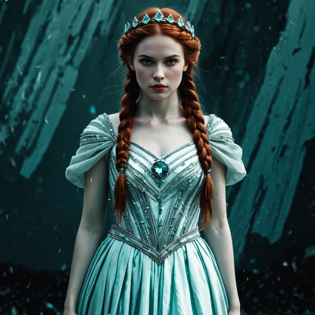 Fantasy Portrait of Red-Haired Woman in Ornate Blue Gown and Jeweled Tiara