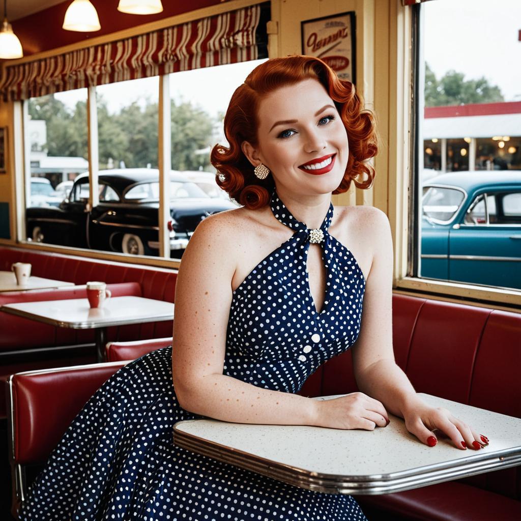 Vintage 1950s Style Woman in Polka Dot Dress at Retro Diner