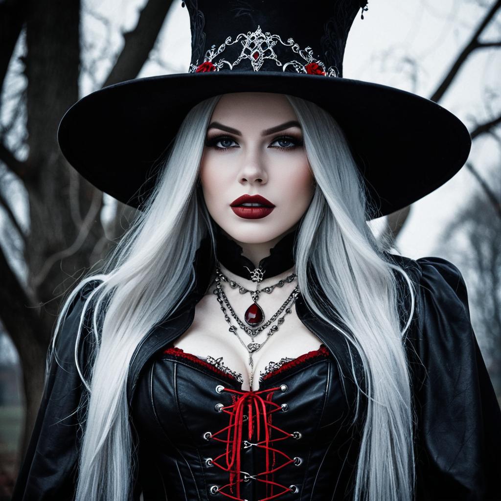 Gothic Witch Woman in Black Corset and Hat Outdoor Portrait