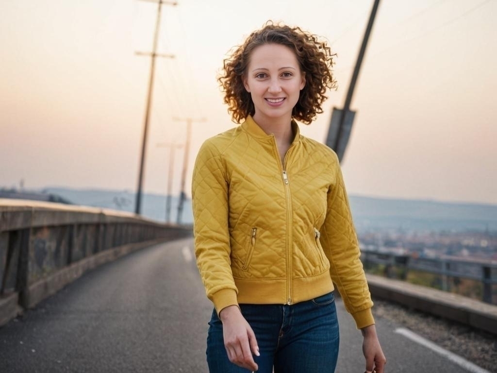 Smiling Woman in Yellow Jacket on Bridge