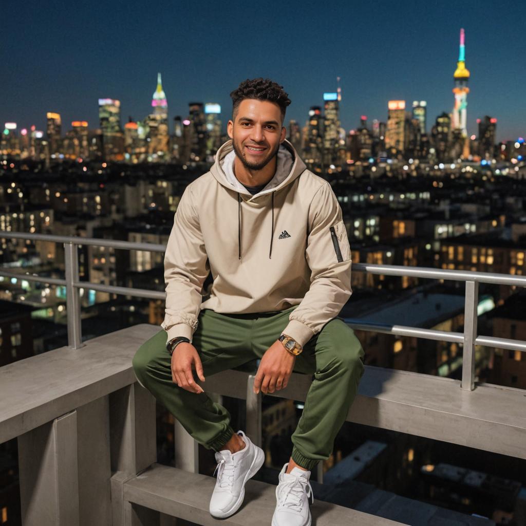 Man on Rooftop with Vibrant City Skyline