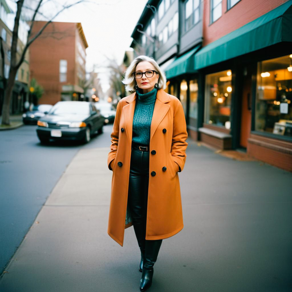 Chic Woman in Orange Coat on Charming Street