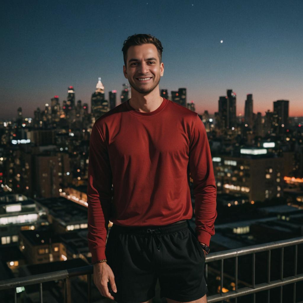 Man on Balcony with City Skyline at Twilight