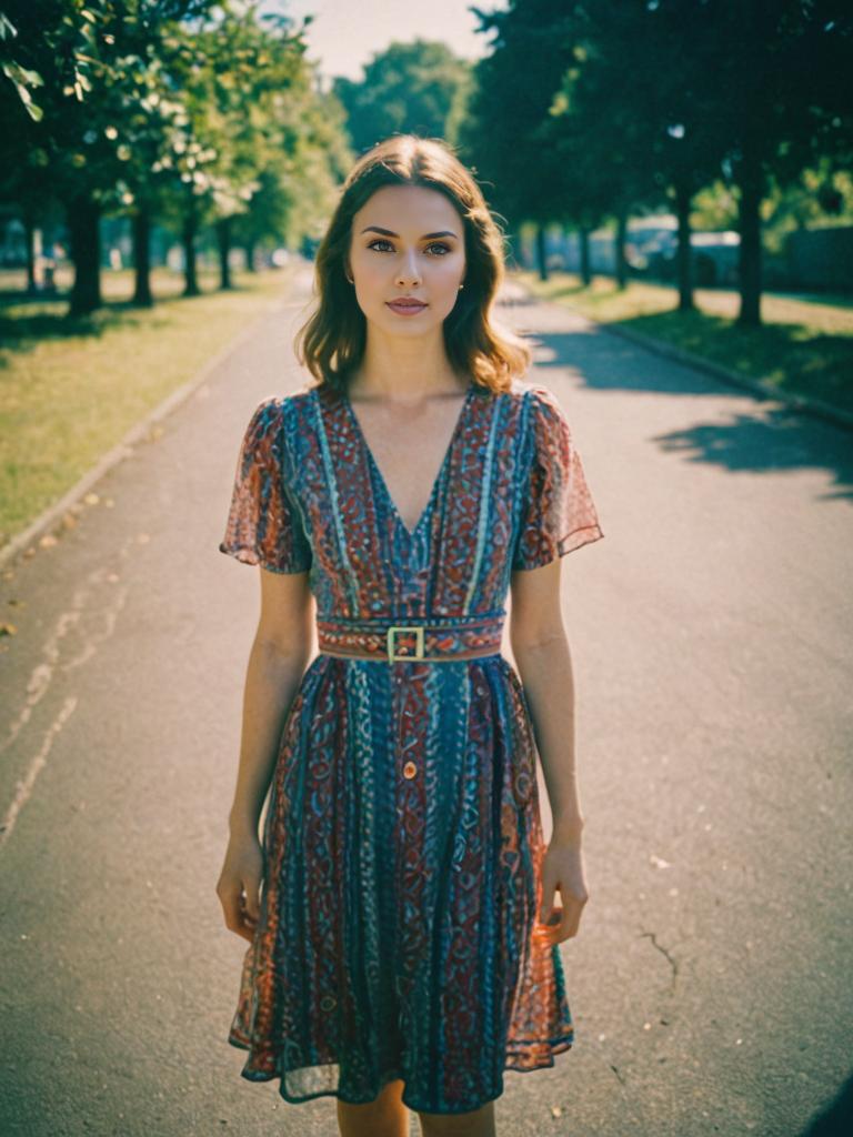 Woman in Bohemian Dress on Sunlit Path