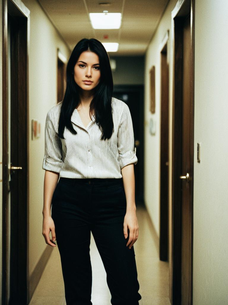 Confident Woman Standing in Hallway Wearing Casual Striped Shirt and Black Pants