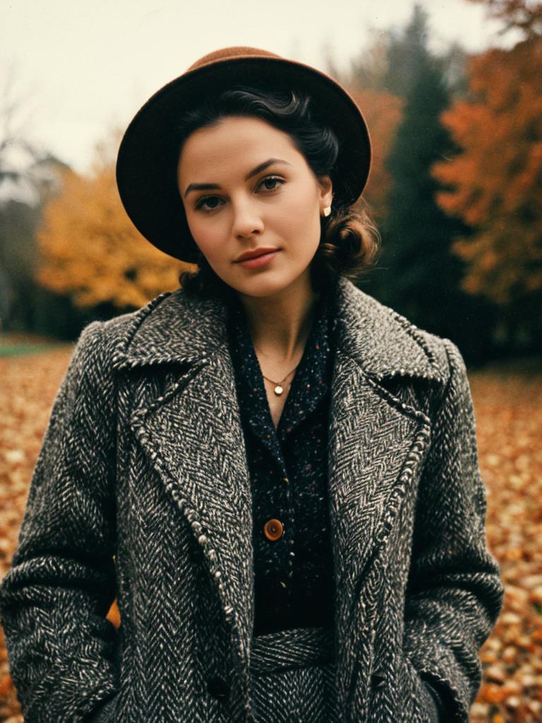 Woman in Vintage Cozy Fall Outfit with Herringbone Coat and Retro Hat
