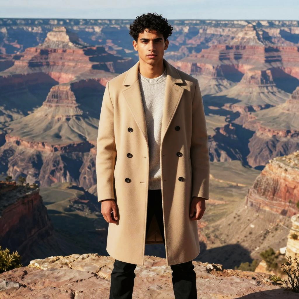 Young Man in Beige Coat at the Grand Canyon