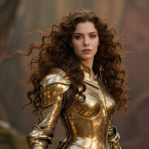 Portrait of Woman in Ornate Golden Medieval Armor with Curly Hair