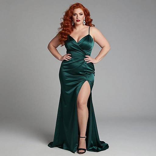 Confident Woman in Elegant Dark Green Satin Evening Gown with High Slit