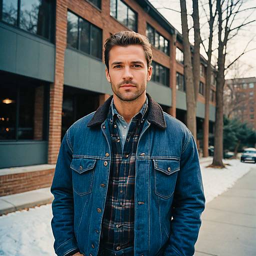 Confident Man in Denim Jacket on Snowy Urban Sidewalk