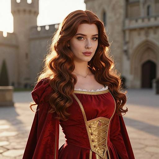 Renaissance Woman in Red Velvet Gown at Historic Castle