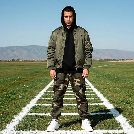Man in Green Bomber Jacket and Camouflage Pants on Grass Field Ladder Mark
