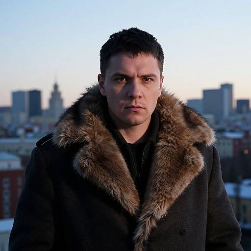Man in Fur Collar Coat Outdoors with Cityscape at Dusk