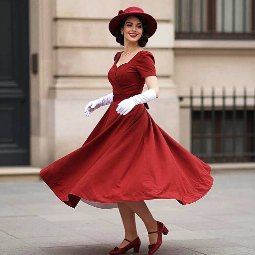 Vintage Style Woman Twirling in Elegant Red Dress and Hat