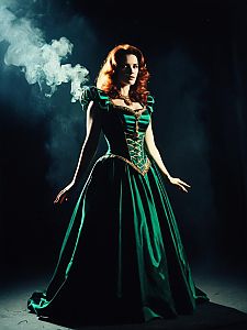 Elegant Woman in Vintage Green Victorian Ball Gown with Dramatic Lighting