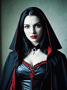 Gothic Woman in Black and Red Corset with Cloak