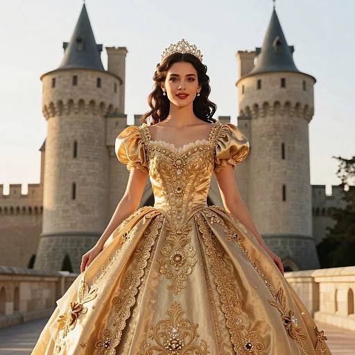 Elegant Princess in Gold Gown Posing Before Medieval Castle