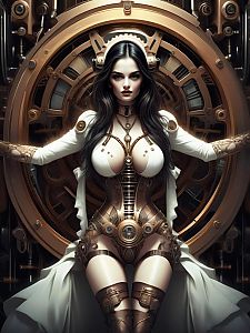 Steampunk Woman in Mechanical Corset with Clockwork Background